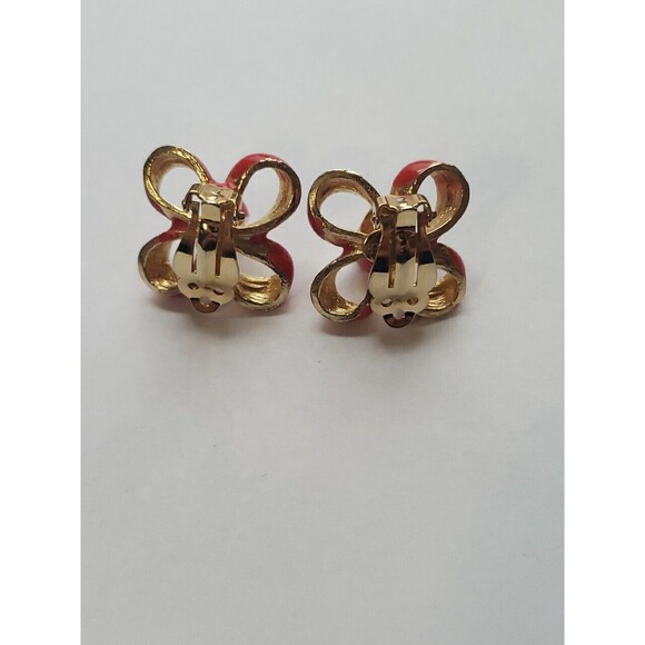 Vintage Gay Boyer Red Enamel Ribbon Bow Clip On Earrings Gold Tone Signed Retro - Picture 6 of 15